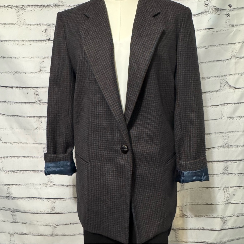 Vintage Dumas USA Wool Blend Houndstooth Blazer Brown Blue Large‎